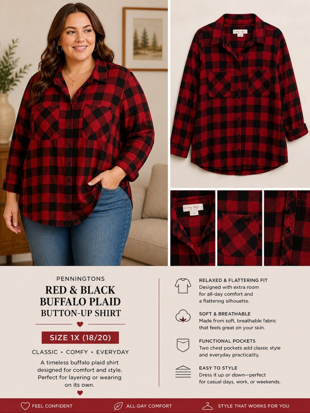 Red and Black Buffalo Plaid Button-Up Shirt Women Penningtons 1X 18/20 Plus size